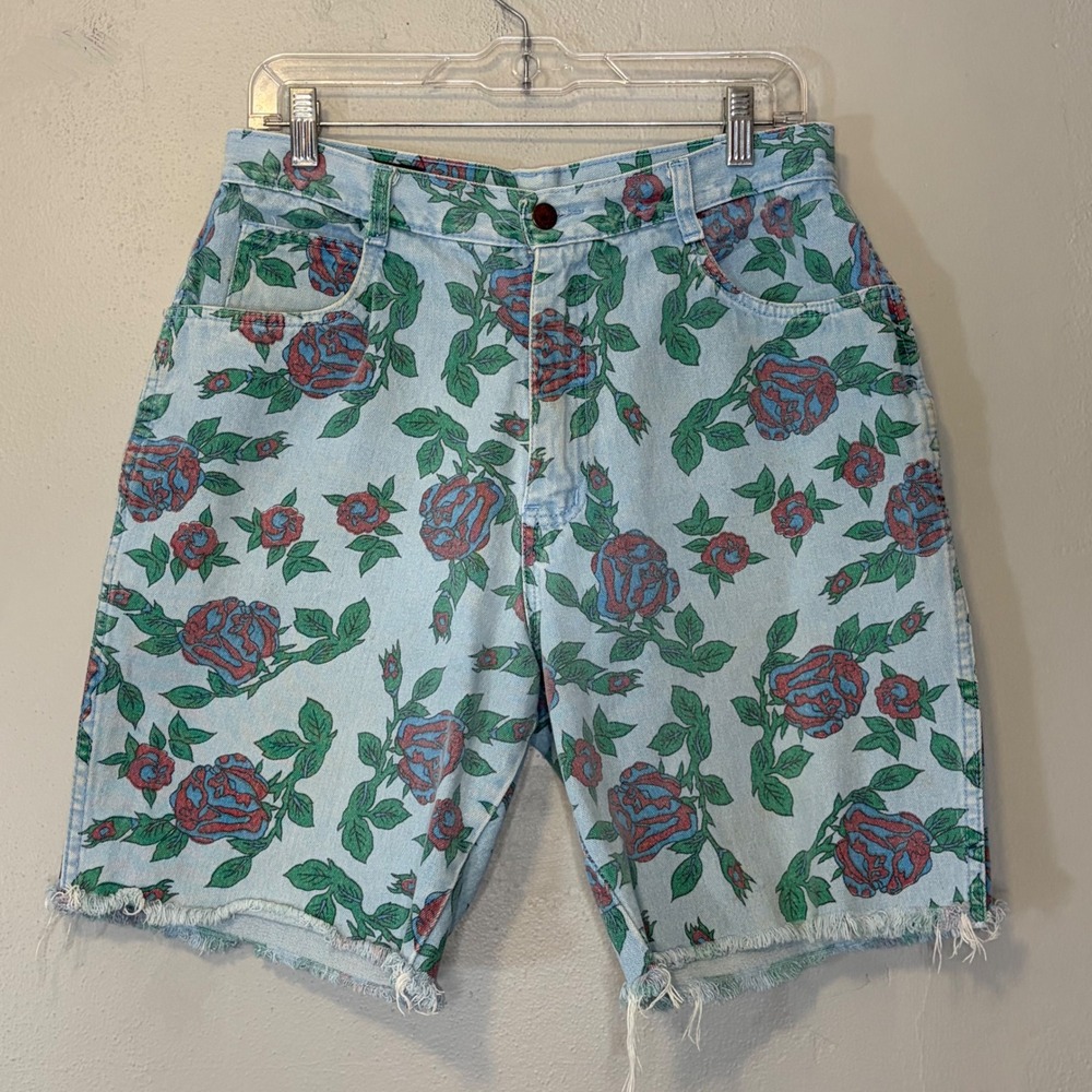 Vtg Roberto Orsini Floral Denim Shorts 27 High Waist Rose Print 90s Cut Offs